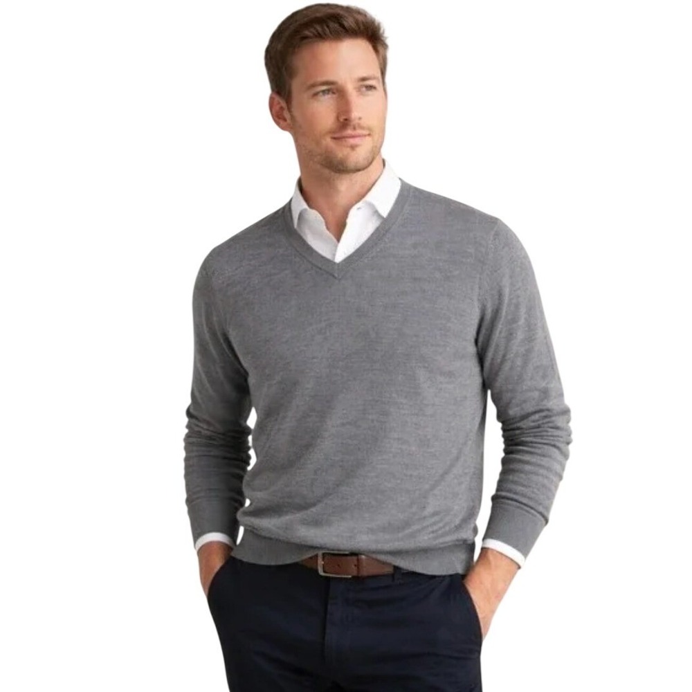 Peter Millar Mens Crown Soft Merino Wool‎ Silk V-Neck Sweater Gray Large Classic